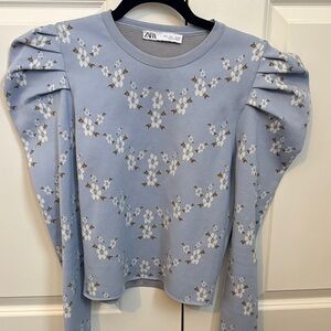 Zara Light Blue Floral Puff Sleeve Blouse